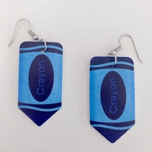 Blue Crayon Teacher School Faux Leather Die-Cut Drop Earrings NWT